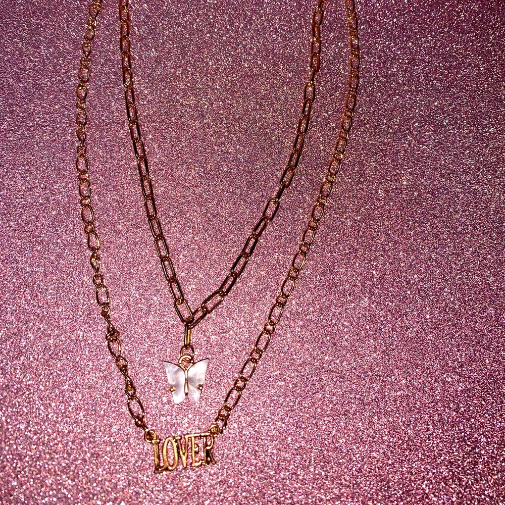 Pink butterfly lovers necklace